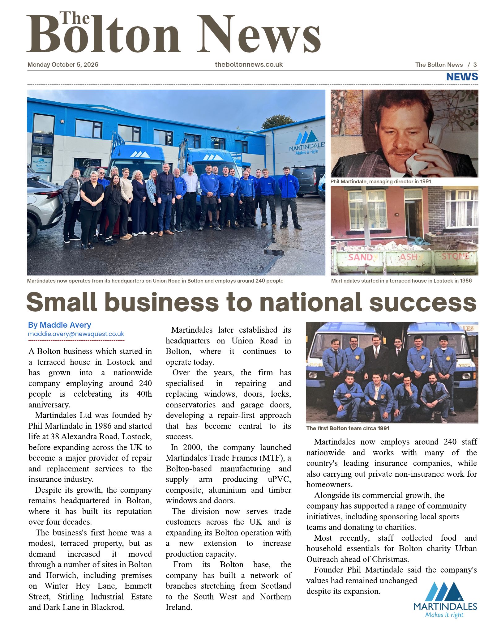 The Bolton News article on Martindales’ 40 years, with the team at Union Road and the early team in 1991